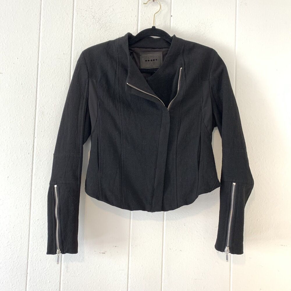 Blank NYC Womens Small‎ Bomber Jacket Black Short Moto A-Symmetric Zipper Mesh
